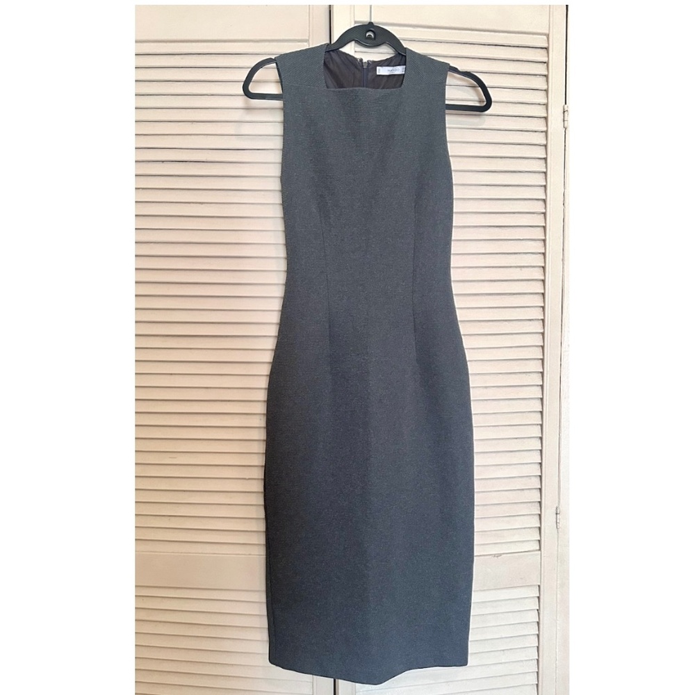 Mango Suit Grey Striped Texture Midi Square Neck Office Dress